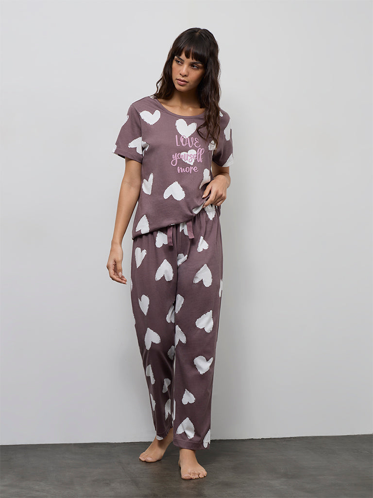 Wunderlove Brown Heart Printed Cotton T-Shirt with Pant Set
