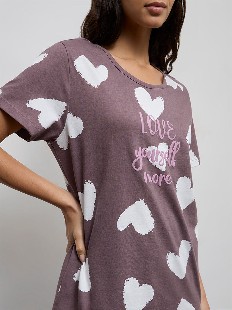 Wunderlove Brown Heart Printed Cotton T-Shirt with Pant Set