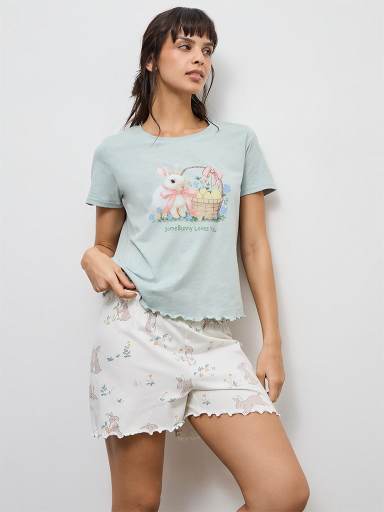 Wunderlove Sea Green Cotton-Blend T-Shirt and Shorts Set