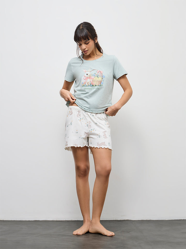 Wunderlove Sea Green Cotton-Blend T-Shirt and Shorts Set