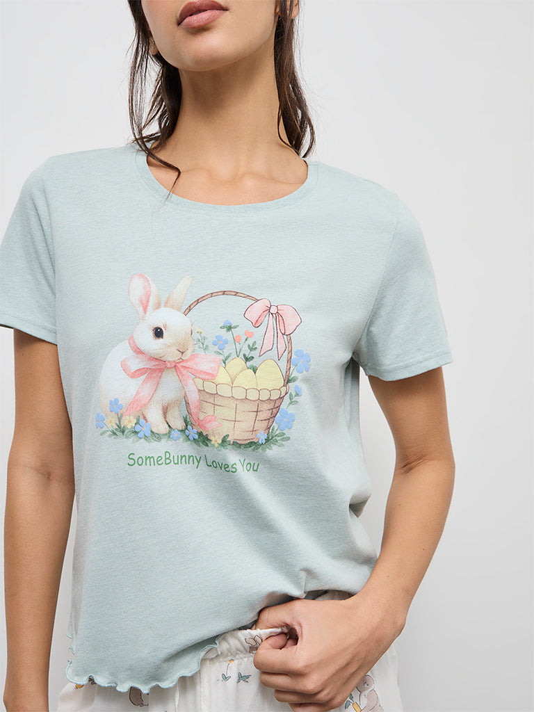 Wunderlove Sea Green Cotton-Blend T-Shirt and Shorts Set