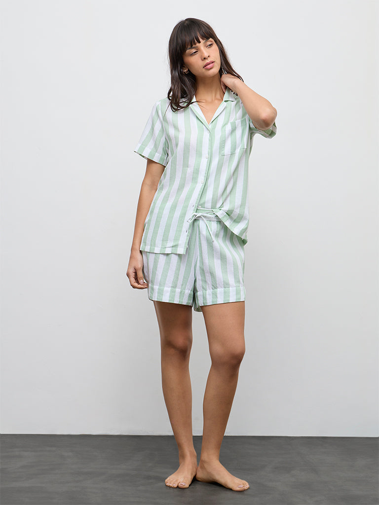Wunderlove Mint Striped Cotton Shirt and Shorts Set