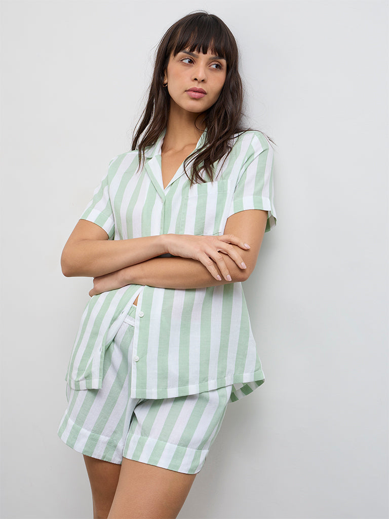 Wunderlove Mint Striped Cotton Shirt and Shorts Set
