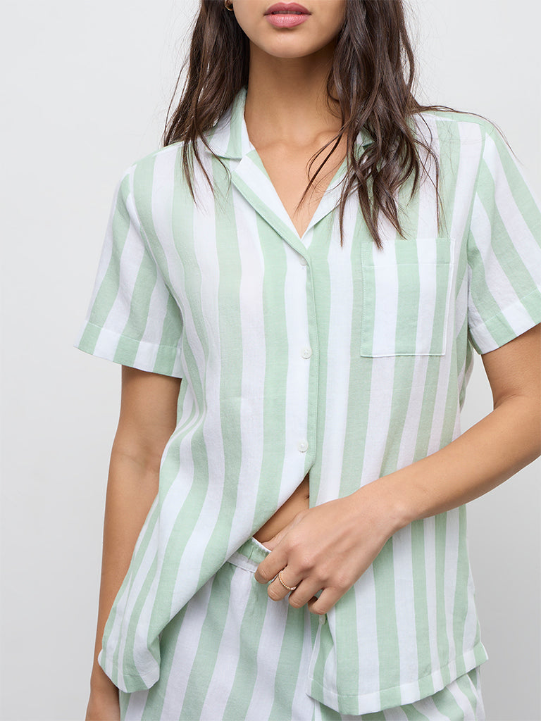 Wunderlove Mint Striped Cotton Shirt and Shorts Set