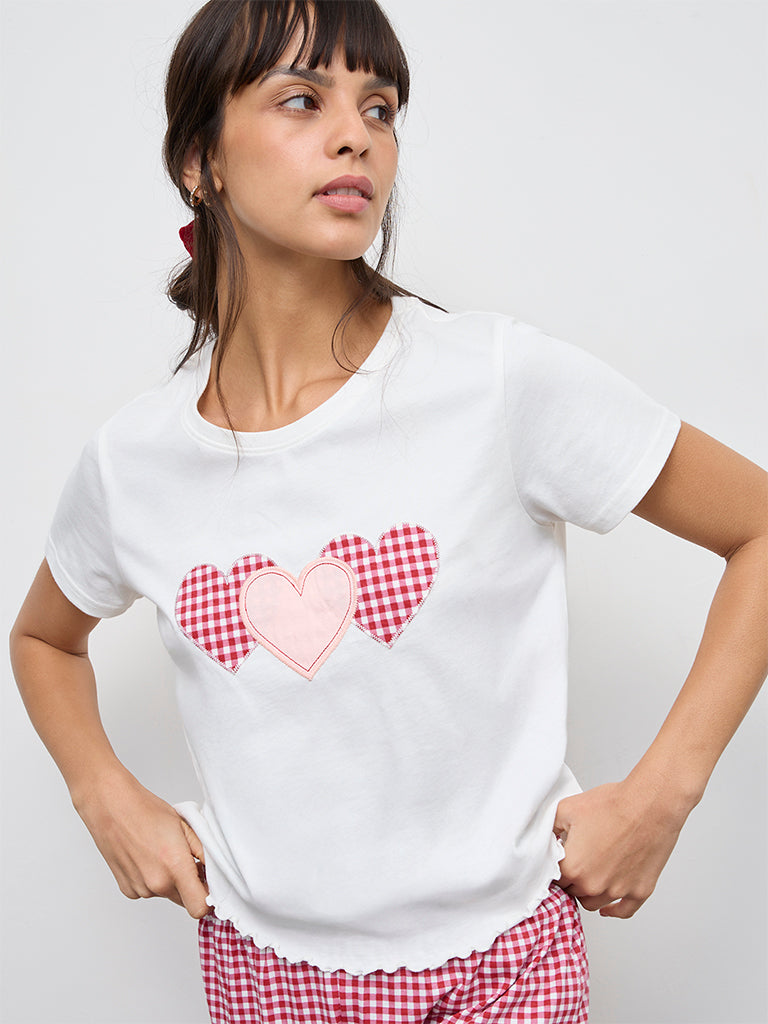 Wunderlove Off-White Heart-Design Cotton T-Shirt and Shorts Set
