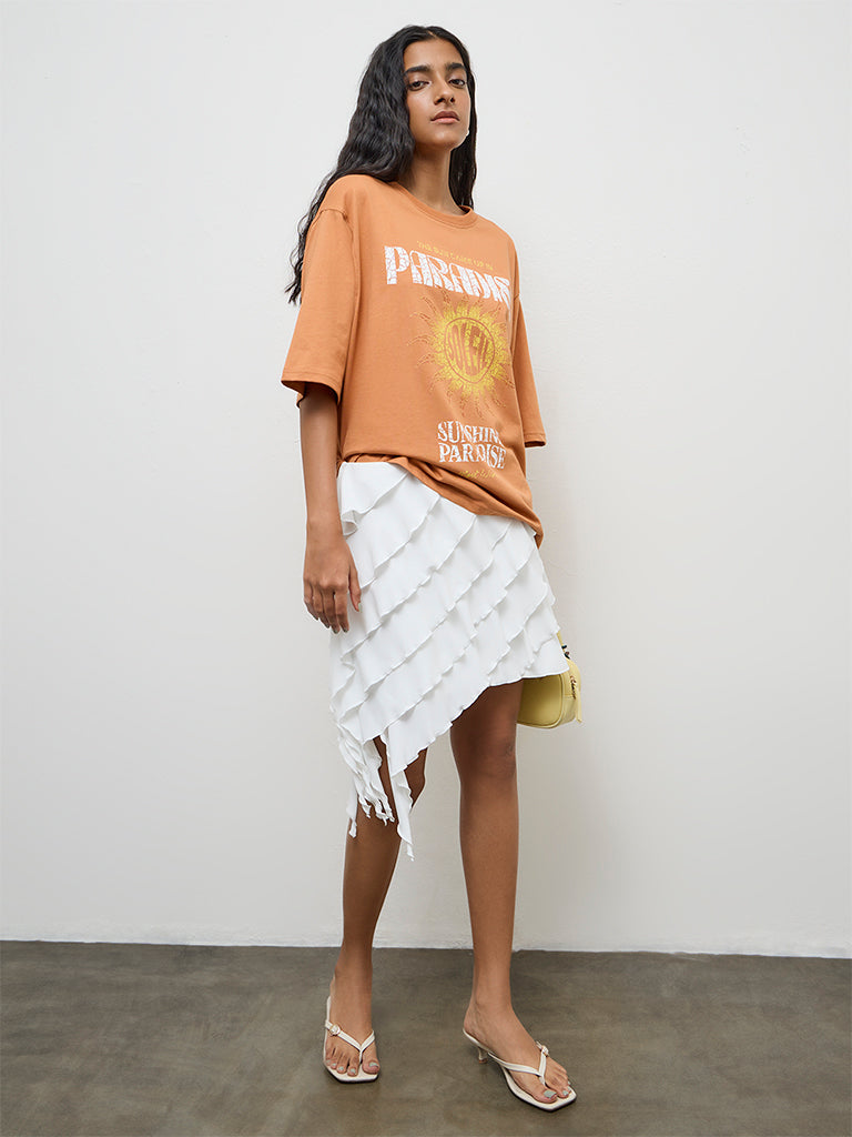 Nuon White Ruffled Asymmetric High-Rise Skirt