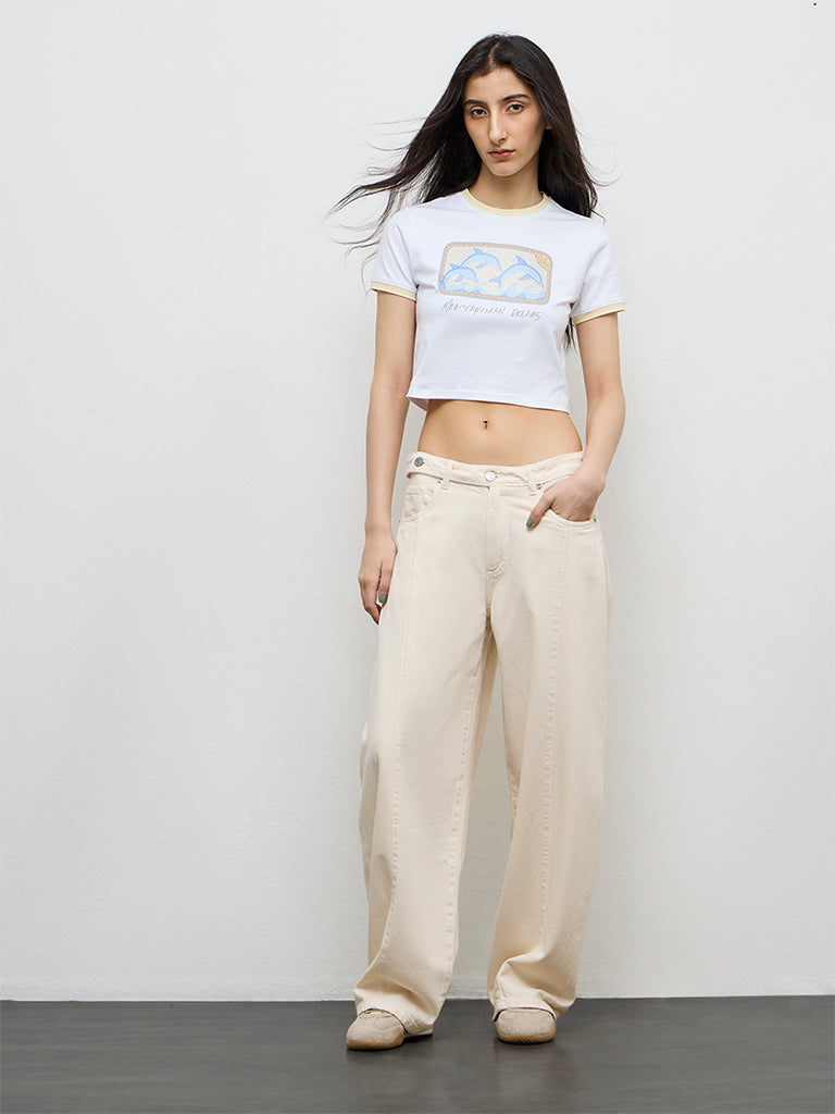 Nuon White Graphic Printed Cotton-Blend T-Shirt