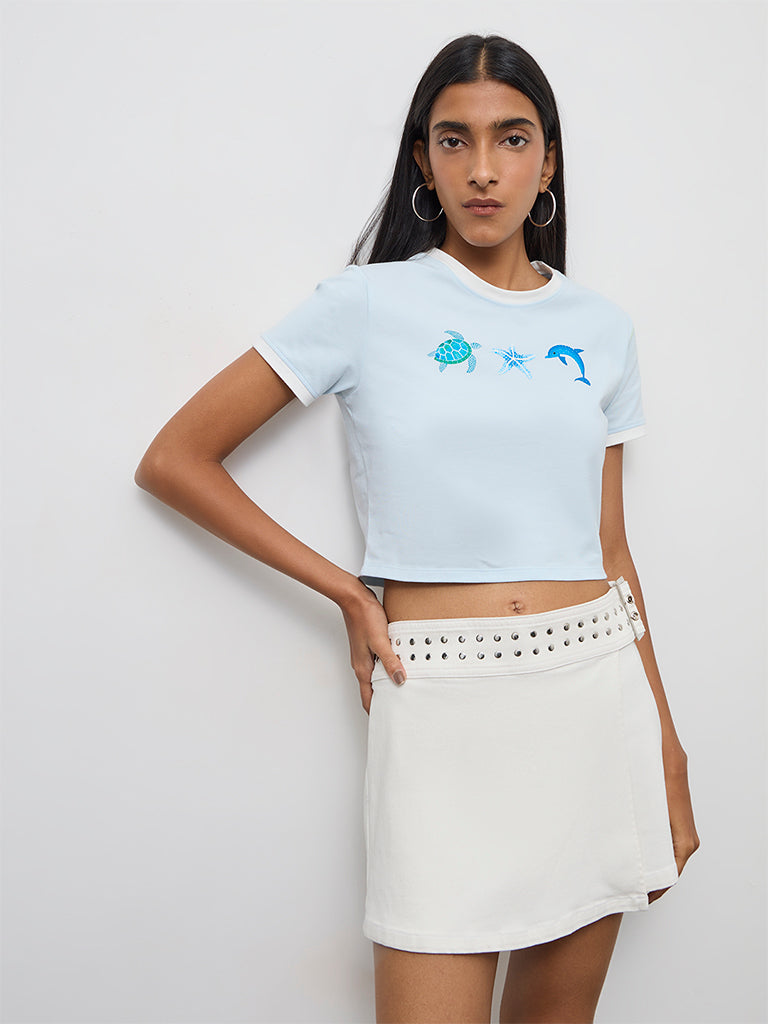 Nuon Light Blue Printed Cotton T-Shirt