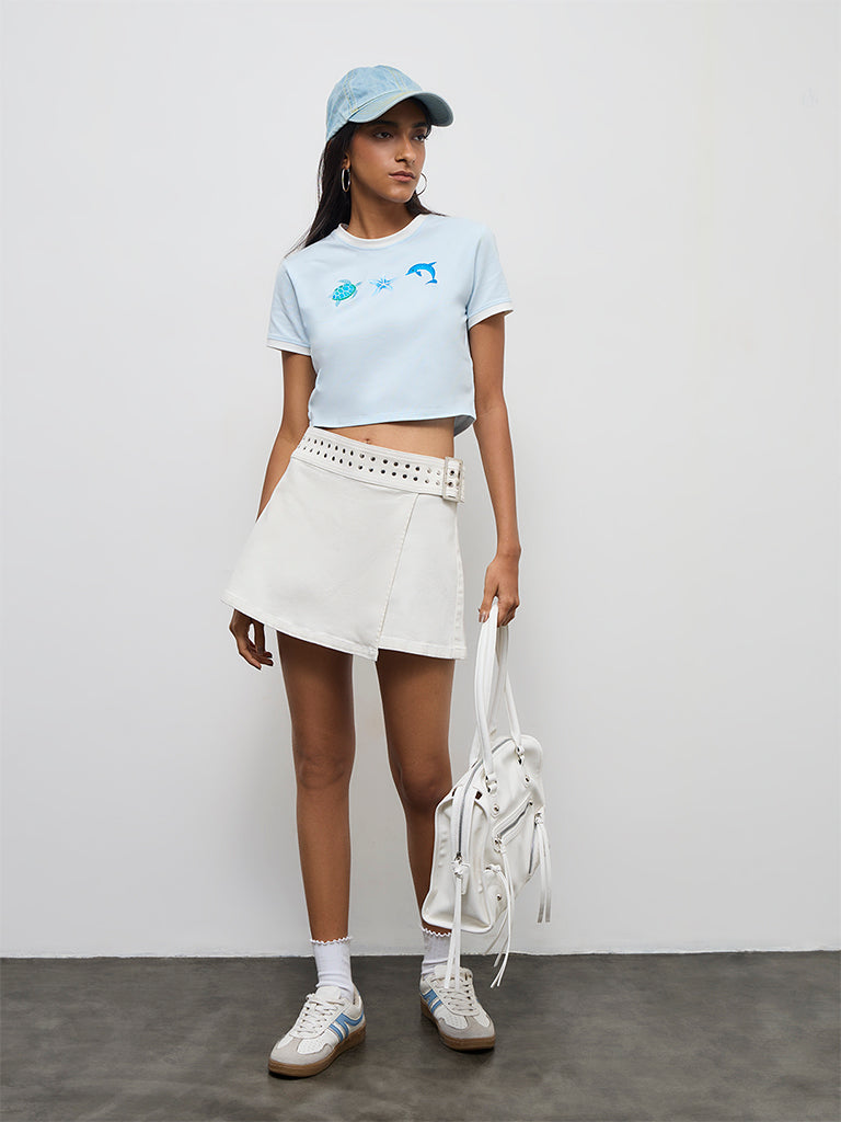 Nuon Light Blue Printed Cotton T-Shirt