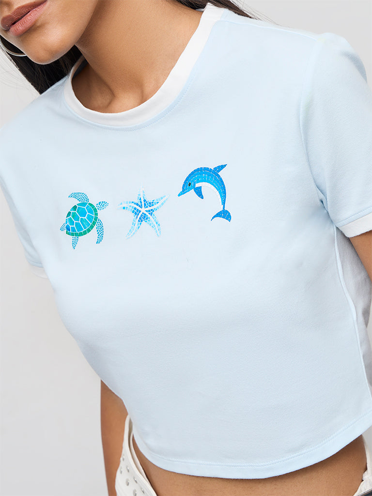 Nuon Light Blue Printed Cotton T-Shirt