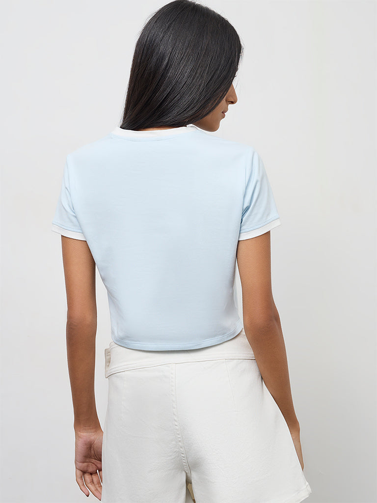 Nuon Light Blue Printed Cotton T-Shirt