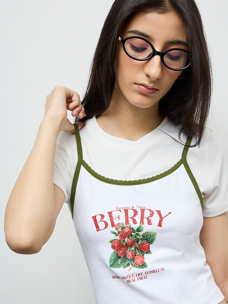 Nuon White Graphic Printed Cotton Top