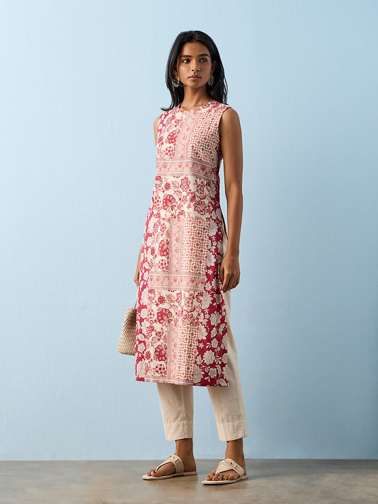 Utsa Red Printed Cotton-Blend A-Line Kurta