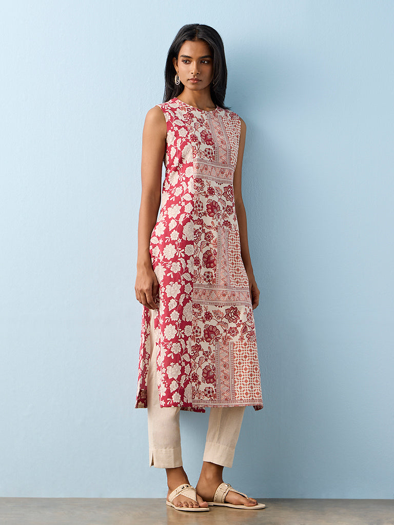 Utsa Red Printed Cotton-Blend A-Line Kurta