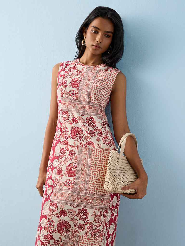 Utsa Red Printed Cotton-Blend A-Line Kurta