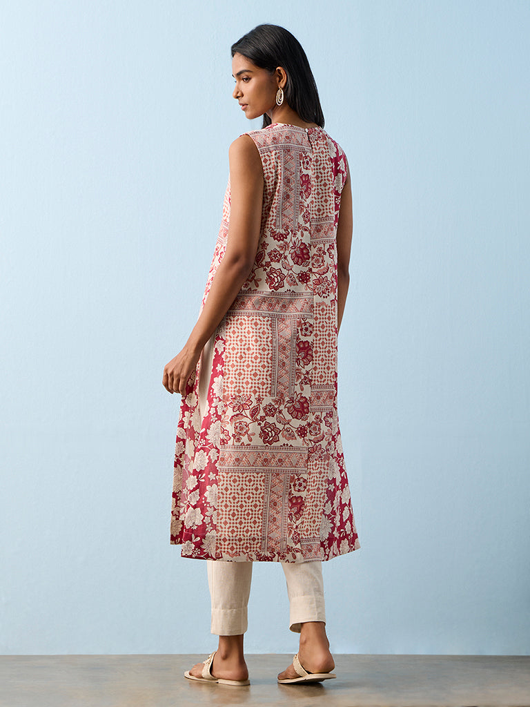 Utsa Red Printed Cotton-Blend A-Line Kurta