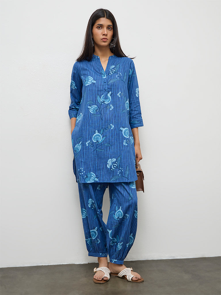 Utsa Indigo Botanical Design Cotton Straight Kurta