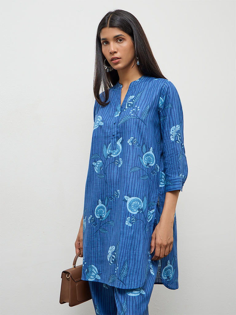 Utsa Indigo Botanical Design Cotton Straight Kurta