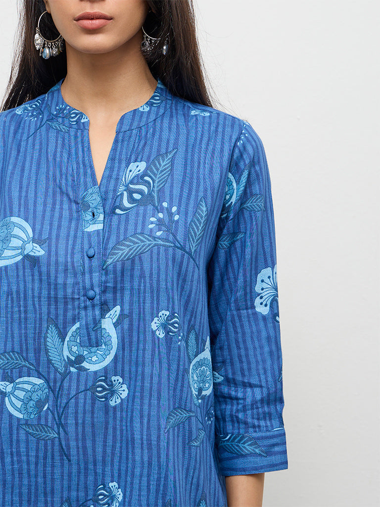 Utsa Indigo Botanical Design Cotton Straight Kurta