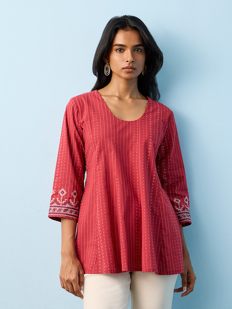 Utsa Red Kantha Striped Cotton Tunic