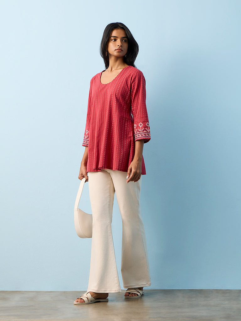 Utsa Red Kantha Striped Cotton Tunic