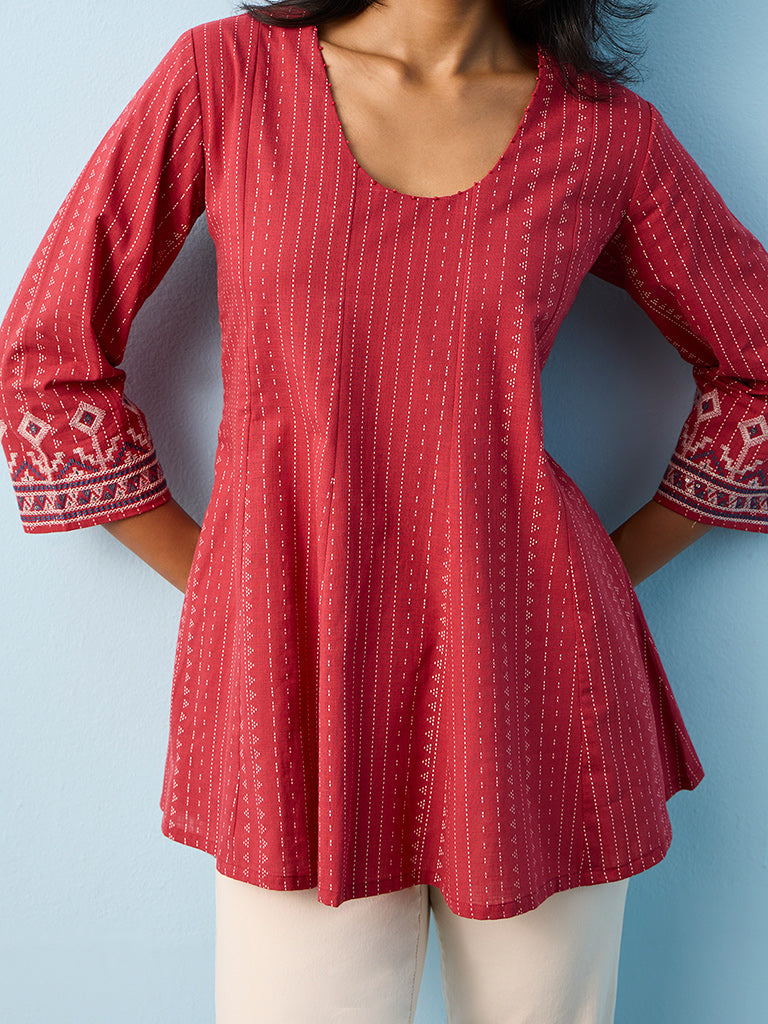 Utsa Red Kantha Striped Cotton Tunic