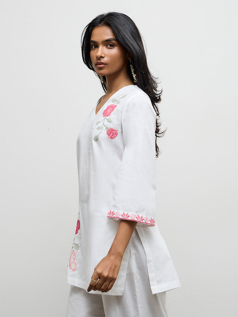 Utsa White Floral Embroidered Cotton A-Line Kurti