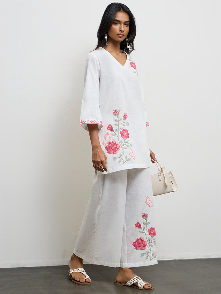 Utsa White Floral Embroidered Cotton A-Line Kurti