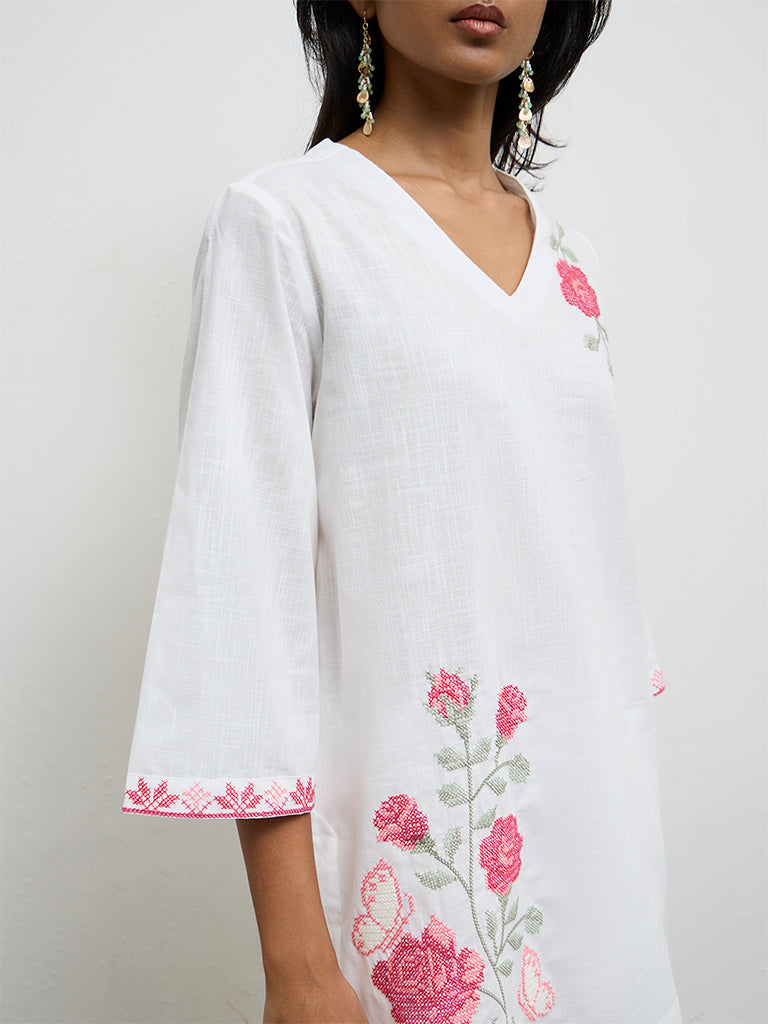 Utsa White Floral Embroidered Cotton A-Line Kurti