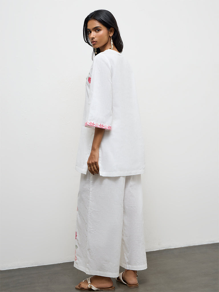 Utsa White Floral Embroidered Cotton A-Line Kurti