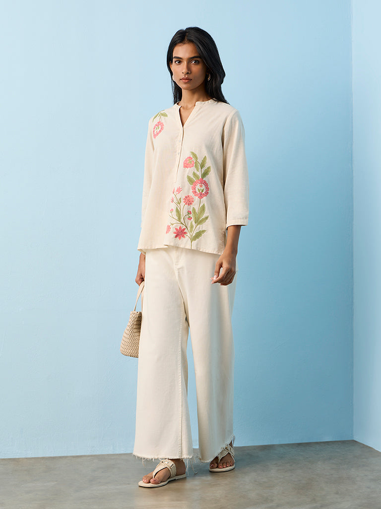 Utsa Beige Floral Embroidered Cotton-Blend Tunic