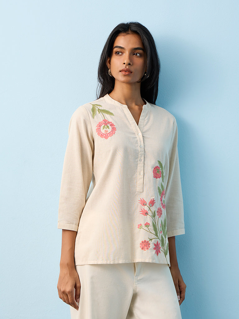 Utsa Beige Floral Embroidered Cotton-Blend Tunic