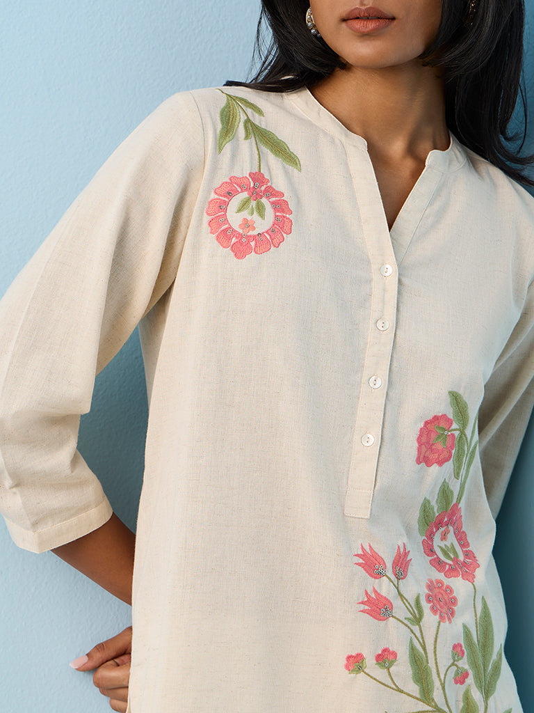 Utsa Beige Floral Embroidered Cotton-Blend Tunic