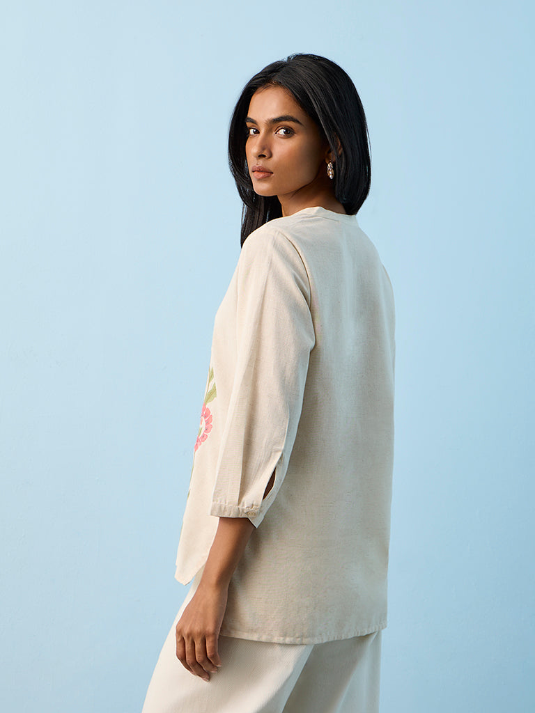 Utsa Beige Floral Embroidered Cotton-Blend Tunic