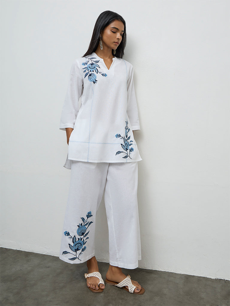 Utsa Off-White Floral Embroidered Cotton-Blend Tunic