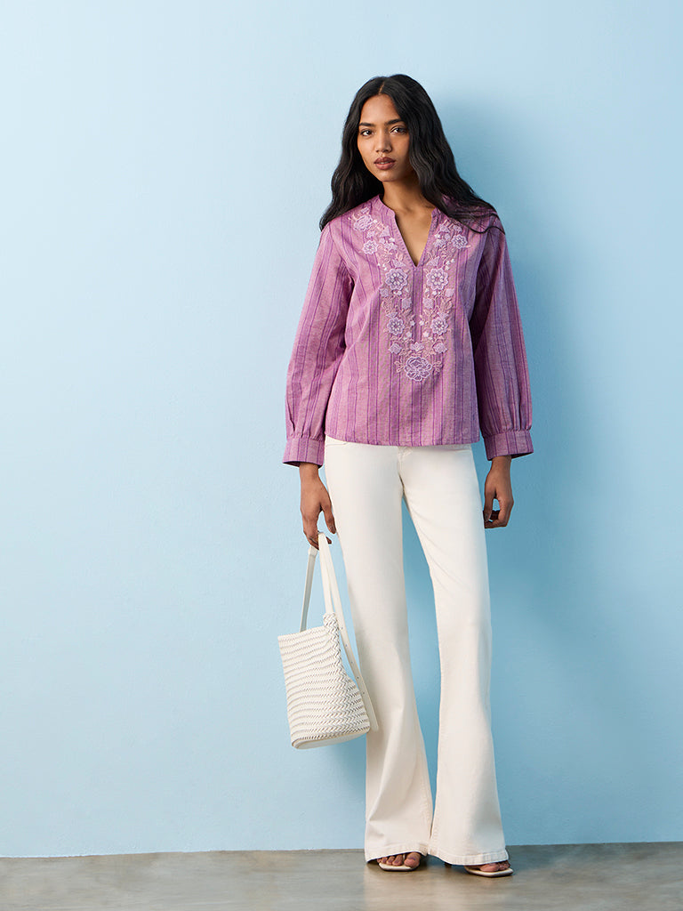 Utsa Lilac Floral Embroidered Cotton Tunic