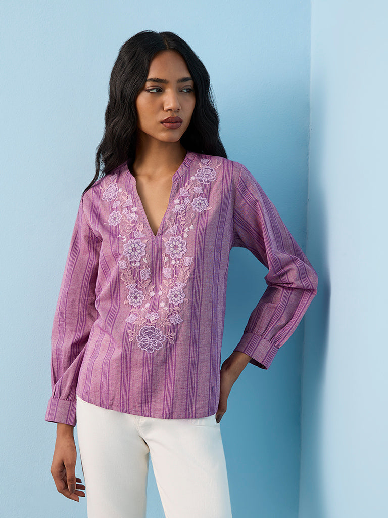 Utsa Lilac Floral Embroidered Cotton Tunic