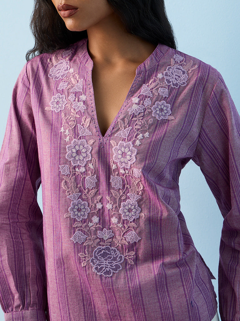 Utsa Lilac Floral Embroidered Cotton Tunic