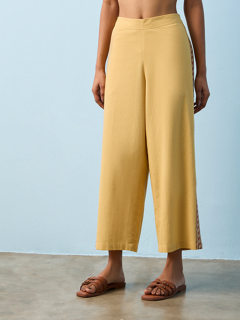 Utsa Mustard Embroidered Cotton-Blend Pants