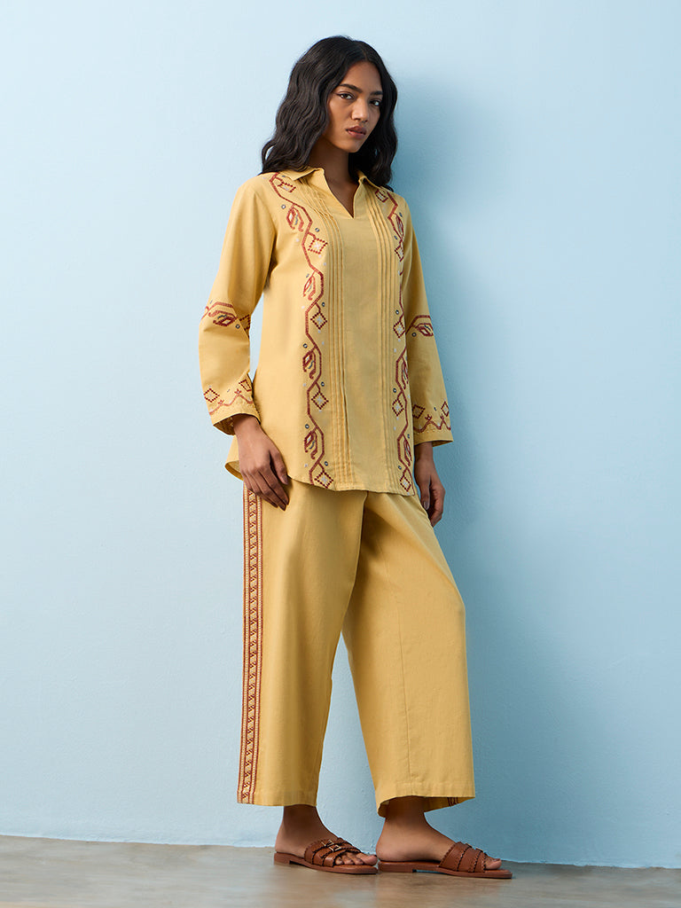 Utsa Mustard Embroidered Cotton-Blend Pants