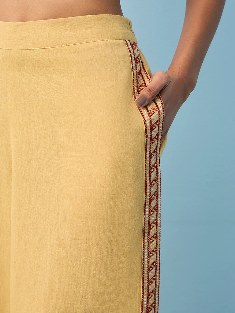 Utsa Mustard Embroidered Cotton-Blend Pants
