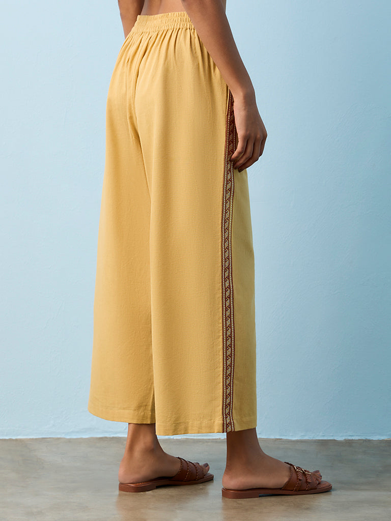 Utsa Mustard Embroidered Cotton-Blend Pants