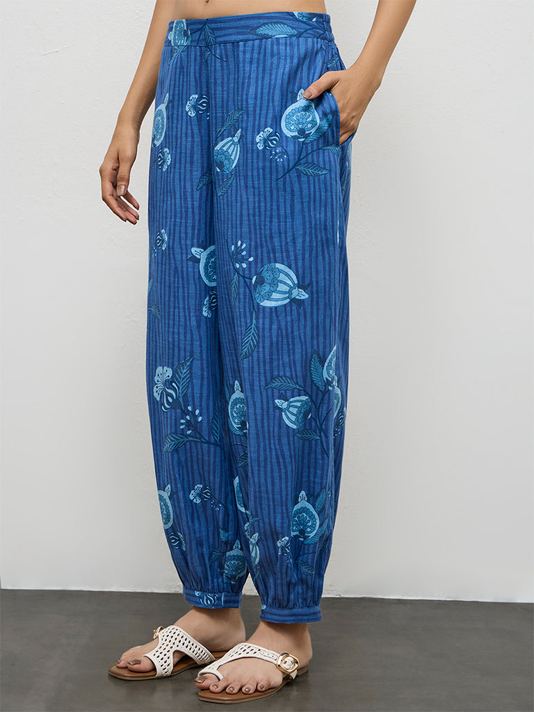Utsa Indigo Botanical Design Cotton Pants