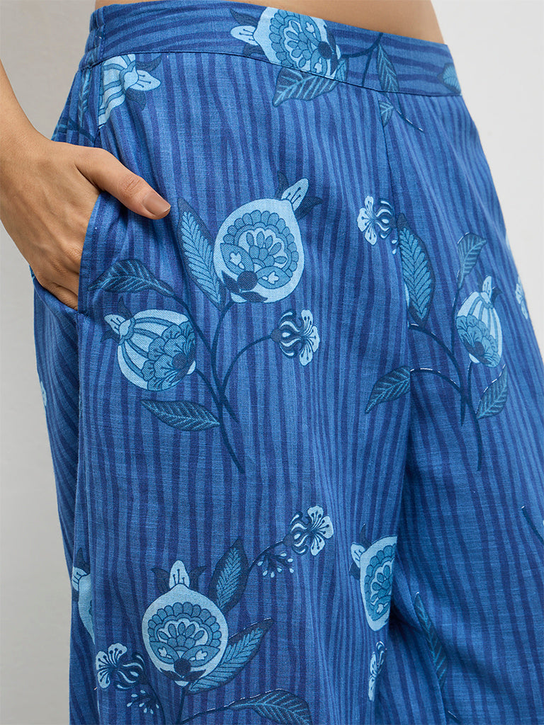 Utsa Indigo Botanical Design Cotton Pants