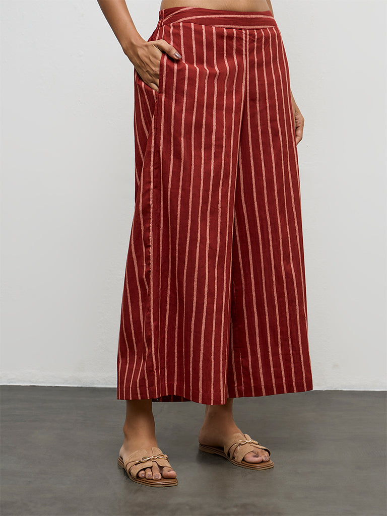 Utsa Red Striped Cotton Pants