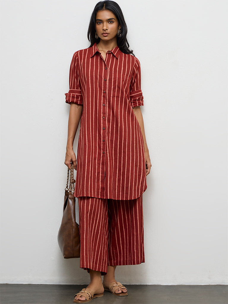 Utsa Red Striped Cotton Pants