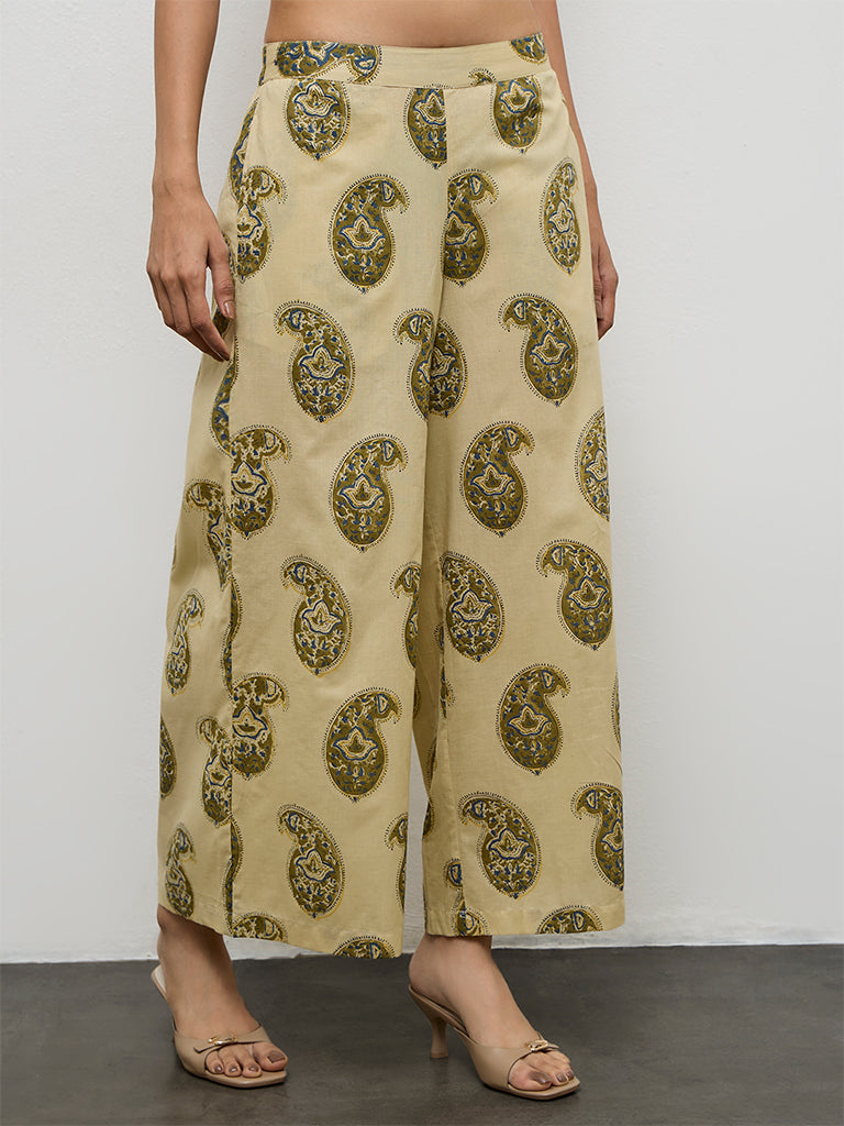 Utsa Taupe Paisley Printed Cotton Pants