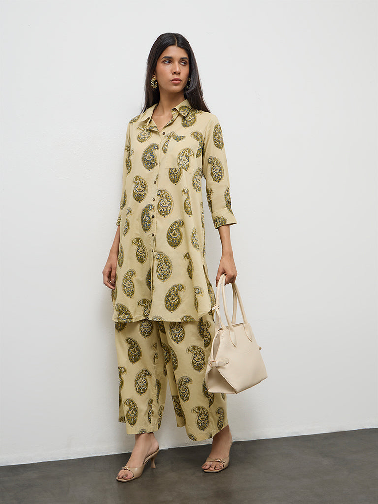 Utsa Taupe Paisley Printed Cotton Pants