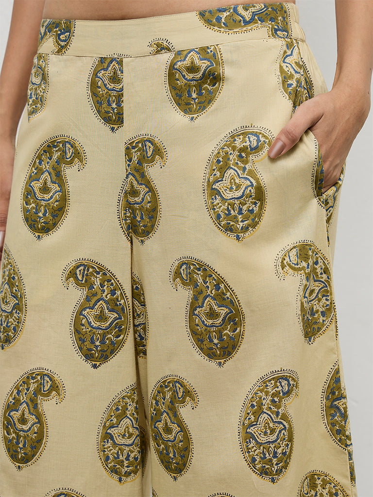 Utsa Taupe Paisley Printed Cotton Pants