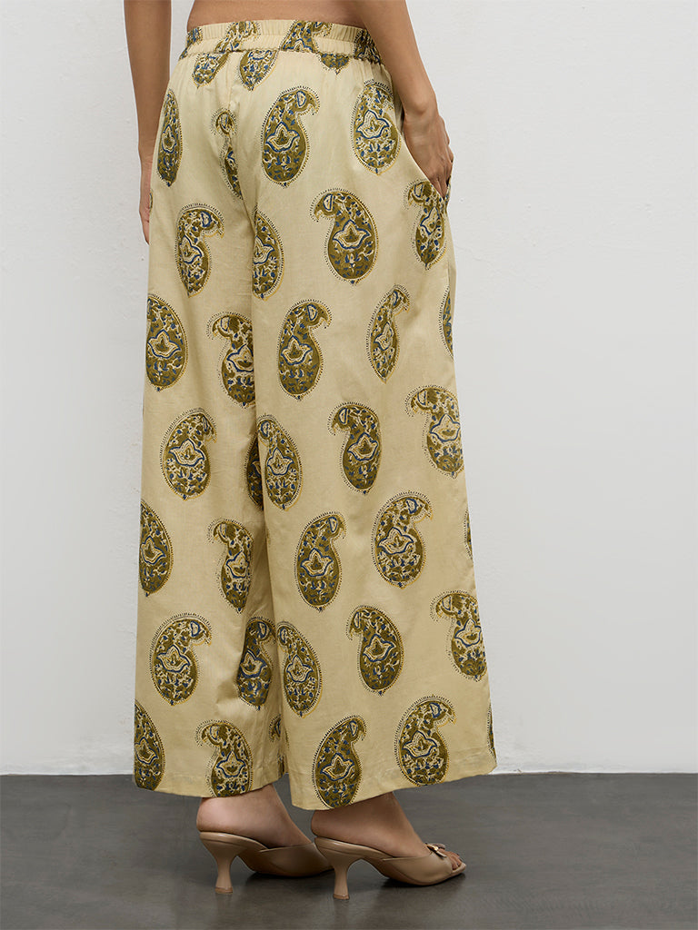 Utsa Taupe Paisley Printed Cotton Pants
